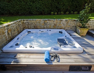 above view of pool with deck