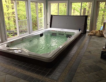 above view of pool with deck