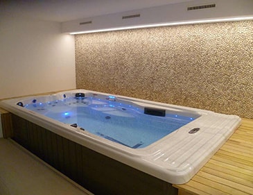 above view of pool with deck