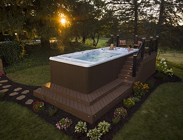 above view of pool with deck